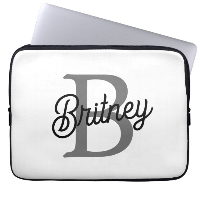 Modern Elegant Monogram Name  Black Grey Script  Laptop Sleeve (Front)