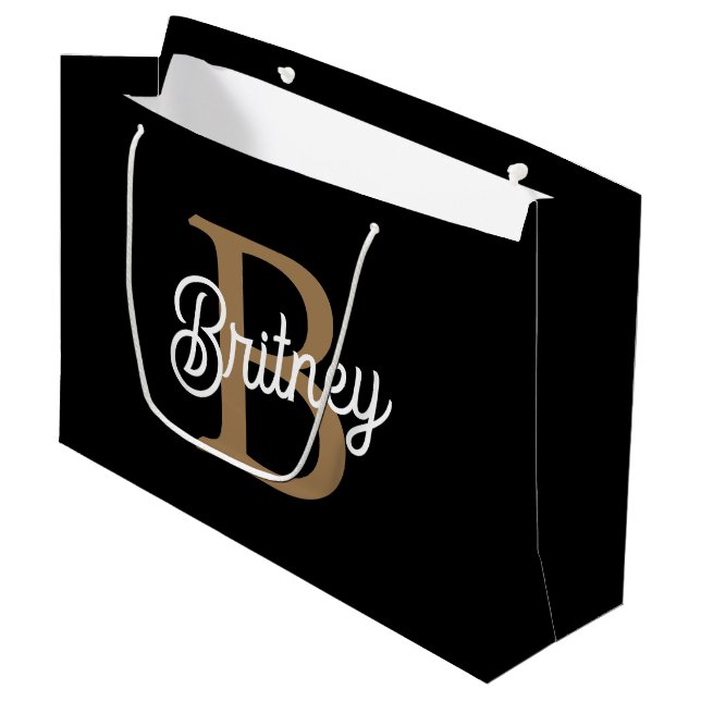 Modern Elegant Monogram Name  Black Grey Script  Large Gift Bag (Front Angled)