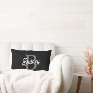 Modern Elegant Monogram Name Black Grey Script Lumbar Cushion