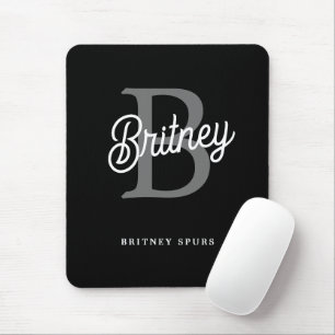 Modern Elegant Monogram Name Black Grey Script Mouse Pad