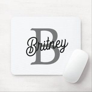 Modern Elegant Monogram Name Black Grey Script Mouse Pad