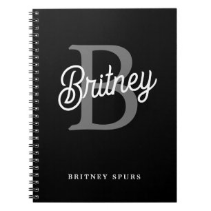 Modern Elegant Monogram Name Black Grey Script Notebook
