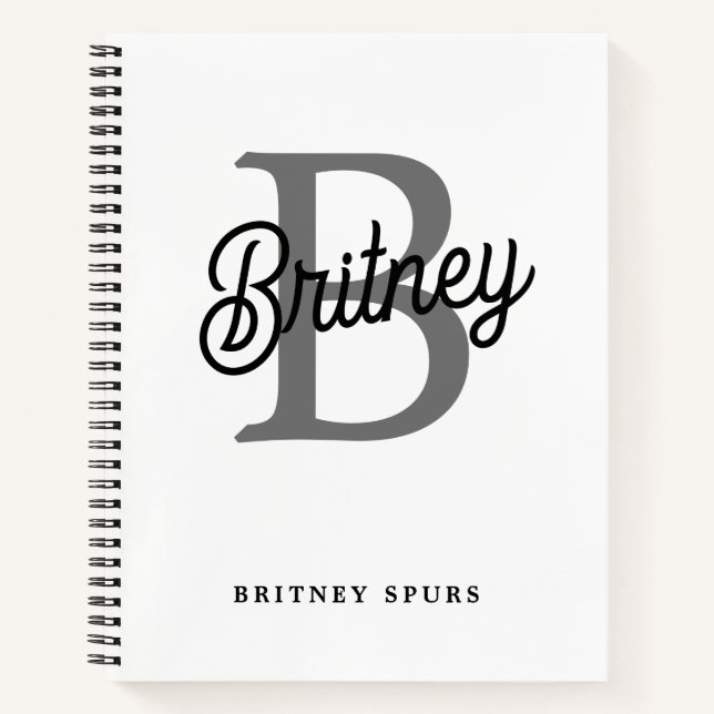 Modern Elegant Monogram Name  Black Grey Script  Notebook (Front)