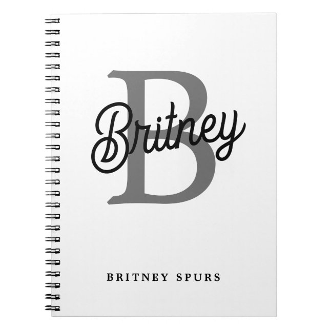 Modern Elegant Monogram Name  Black Grey Script  Notebook (Front)