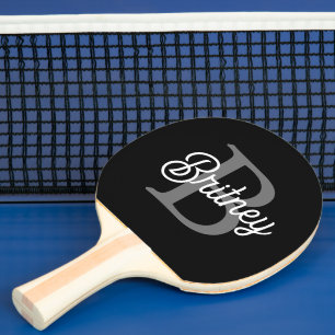 Modern Elegant Monogram Name Black Grey Script Ping Pong Paddle