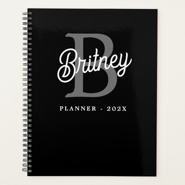 Modern Elegant Monogram Name  Black Grey Script  Planner (Front)