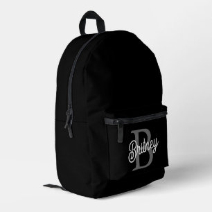 Modern Elegant Monogram Name Black Grey Script Printed Backpack