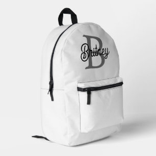 Modern Elegant Monogram Name Black Grey Script Printed Backpack
