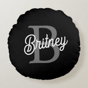 Modern Elegant Monogram Name Black Grey Script Round Cushion