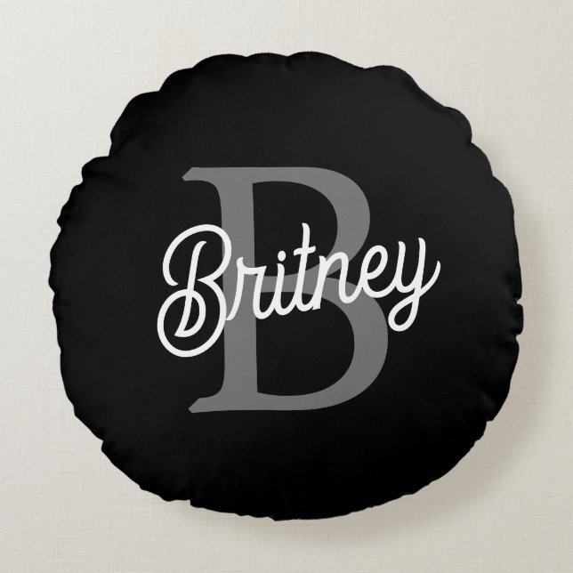 Modern Elegant Monogram Name  Black Grey Script  Round Cushion (Front)