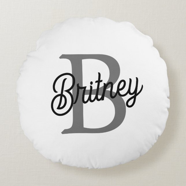 Modern Elegant Monogram Name  Black Grey Script  Round Cushion (Front)