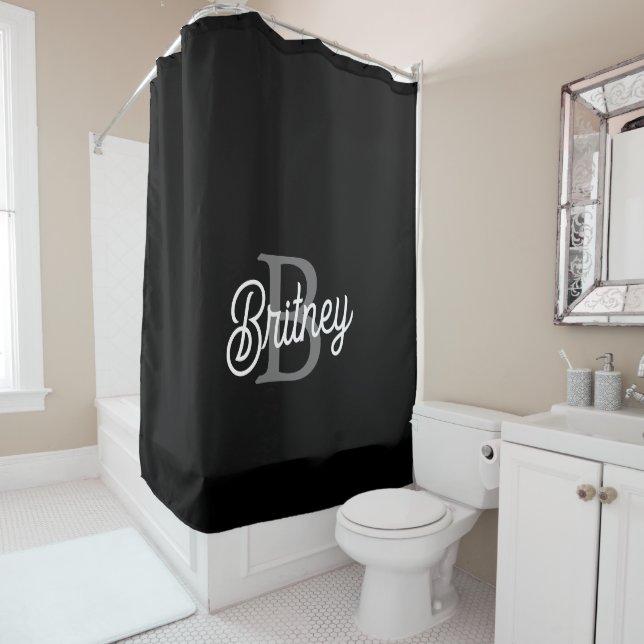 Modern Elegant Monogram Name  Black Grey Script  Shower Curtain (In Situ)