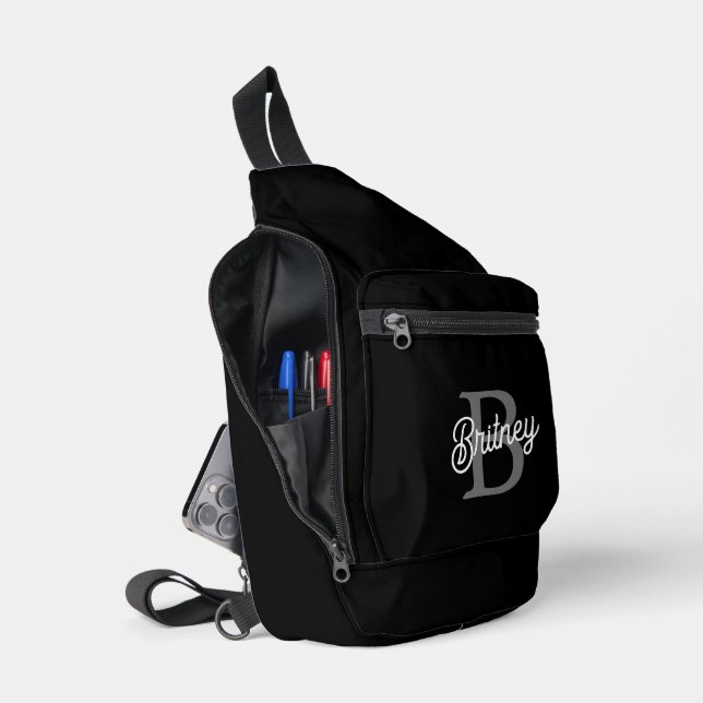 Modern Elegant Monogram Name  Black Grey Script  Sling Bag (Open)