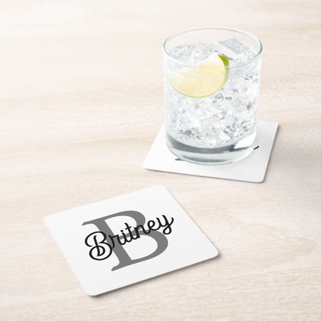 Modern Elegant Monogram Name  Black Grey Script  Square Paper Coaster (Insitu)