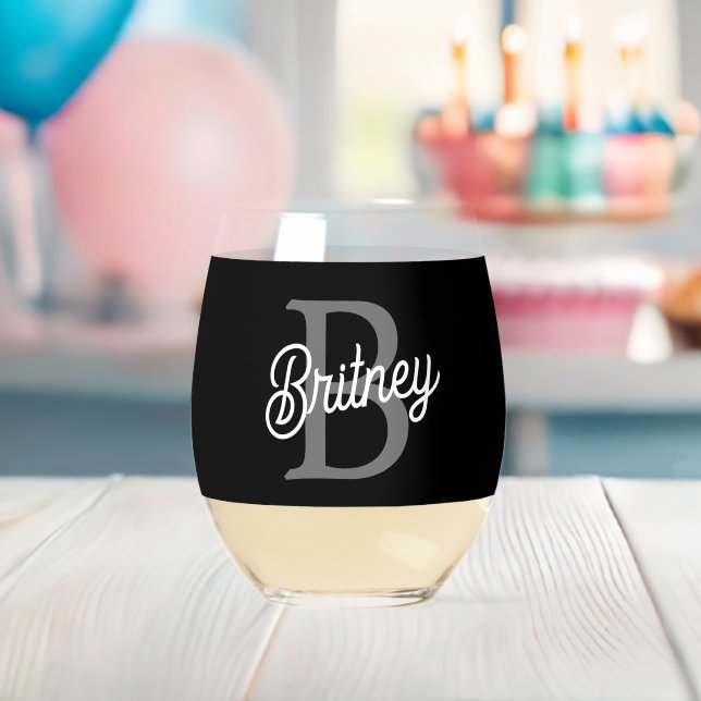 Modern Elegant Monogram Name  Black Grey Script  Stemless Wine Glass (Insitu (Baby Shower))