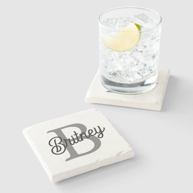 Modern Elegant Monogram Name  Black Grey Script  Stone Coaster (Side)