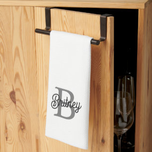 Modern Elegant Monogram Name Black Grey Script Tea Towel