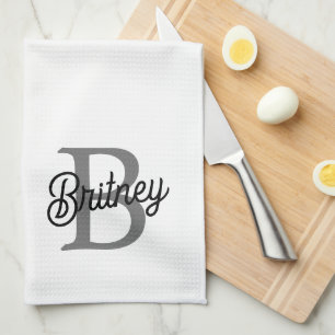 Modern Elegant Monogram Name Black Grey Script Tea Towel
