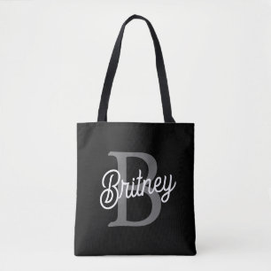 Modern Elegant Monogram Name Black Grey Script Tote Bag