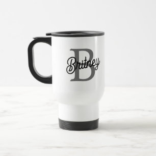 Modern Elegant Monogram Name  Black Grey Script  Travel Mug