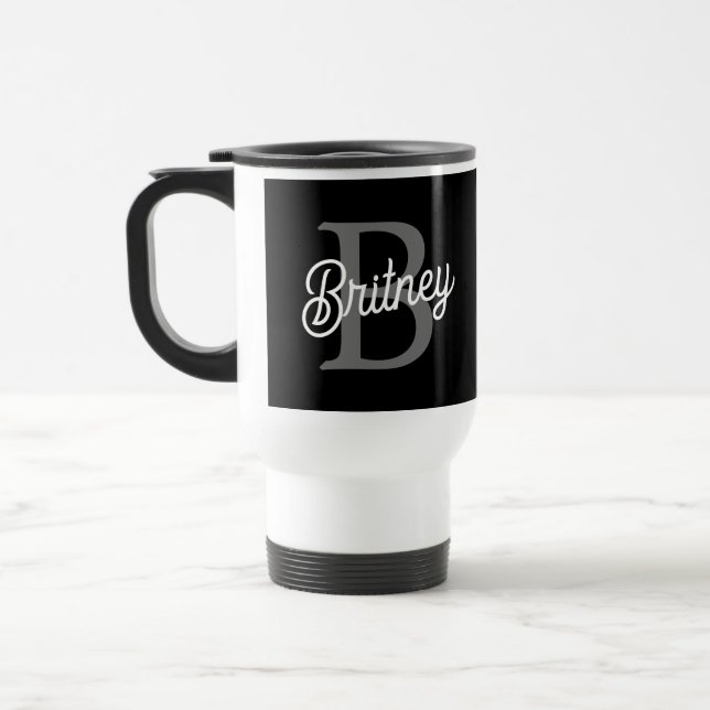 Modern Elegant Monogram Name  Black Grey Script  Travel Mug (Left)