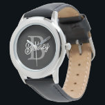 Modern Elegant Monogram Name  Black Grey Script  Watch<br><div class="desc">The Modern Elegant Monogram Name Black Grey Script Watch is a blend of timeless elegance and personalised style. This sophisticated timepiece features a classic black watch face with an elegant grey script displaying your custom monogram and name. The design combines a sleek and understated aesthetic with the practicality of a...</div>