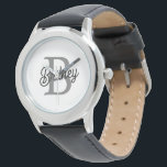Modern Elegant Monogram Name  Black Grey Script  Watch<br><div class="desc">The Modern Elegant Monogram Name Black Grey Script Watch is a blend of timeless elegance and personalised style. This sophisticated timepiece features a classic black watch face with an elegant grey script displaying your custom monogram and name. The design combines a sleek and understated aesthetic with the practicality of a...</div>