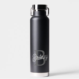 Modern Elegant Monogram Name  Black Grey Script  Water Bottle