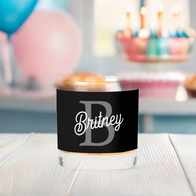 Modern Elegant Monogram Name  Black Grey Script  Whiskey Glass (Insitu (Baby Shower))