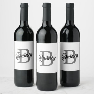 Modern Elegant Monogram Name Black Grey Script Wine Label