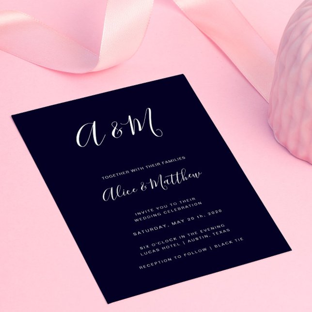 Modern Elegant Monogram Navy White Wedding Invitation (Creator Uploaded)