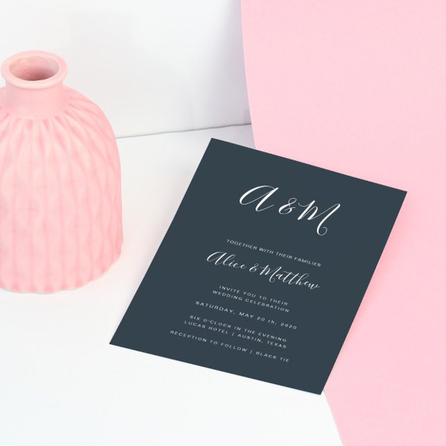 Modern Elegant Monogram Navy White Wedding Invitation (Creator Uploaded)