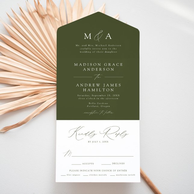 Modern Elegant Monogram Olive Green Wedding All In One Invitation (Creator Uploaded)