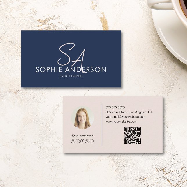 Modern Elegant Monogram Photo Navy Blue Blush Pink Business Card (Modern Elegant Monogram Photo Navy Blue Blush Pink Business Card)