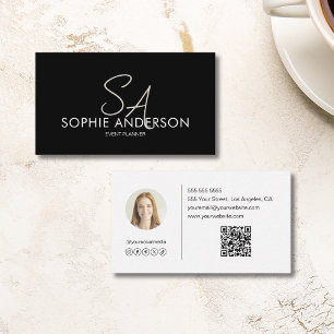 Modern Elegant Monogram Photo QR Black and White Business Card
