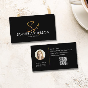 Modern Elegant Monogram Photo QR Black Gold Business Card