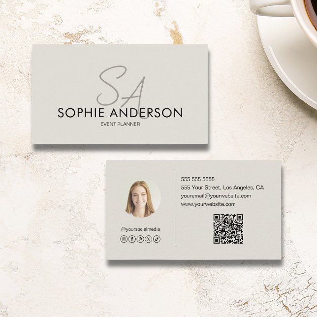 Modern Elegant Monogram Photo QR Code Business Card (Modern Elegant Monogram Photo QR Code Business Card)