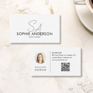 Modern Elegant Monogram Photo QR Code White Business Card