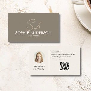 Modern Elegant Monogram Photo QR Taupe Business Card