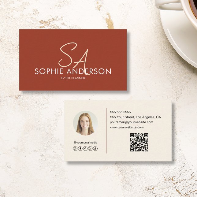 Modern Elegant Monogram Photo QR Terracotta Business Card (Modern Elegant Monogram Photo QR Terracotta Business Card)