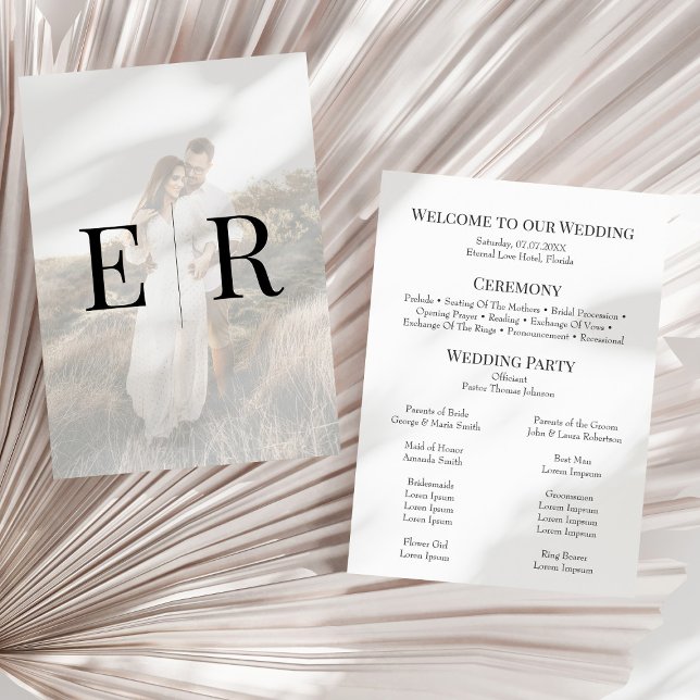 Modern Elegant Monogram Photo Wedding Program Programme (Modern Elegant Monogram Photo Wedding Program on a sunny white dry palm leaf.)