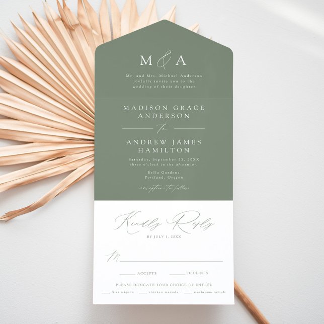 Modern Elegant Monogram Sage Green Wedding All In One Invitation (Creator Uploaded)
