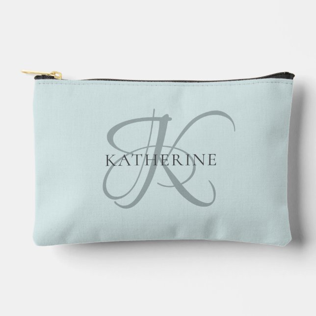 Modern Elegant Monogram Script Aqua Blue Accessory Pouch (Front)