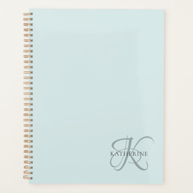 Modern Elegant Monogram Script Aqua Blue Planner (Front)