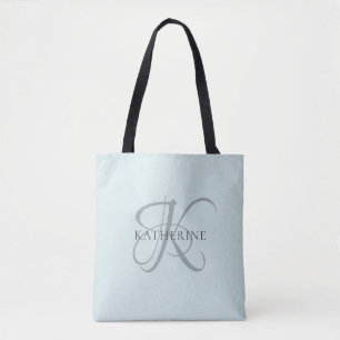 Modern Elegant Monogram Script Aqua Blue Tote Bag