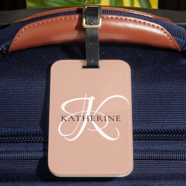 Modern Elegant Monogram Script Blush Pink Luggage Tag (Front Insitu 2)