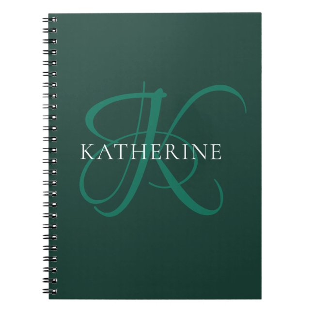 Modern Elegant Monogram Script Emerald Green Notebook (Front)
