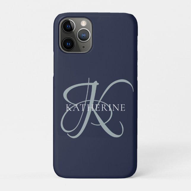 Modern Elegant Monogram Script Navy Blue Case-Mate iPhone Case (Back)
