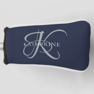 Modern Elegant Monogram Script Navy Blue Golf Head Cover