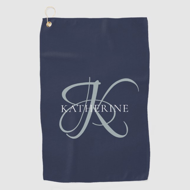 Modern Elegant Monogram Script Navy Blue Golf Towel (Front)